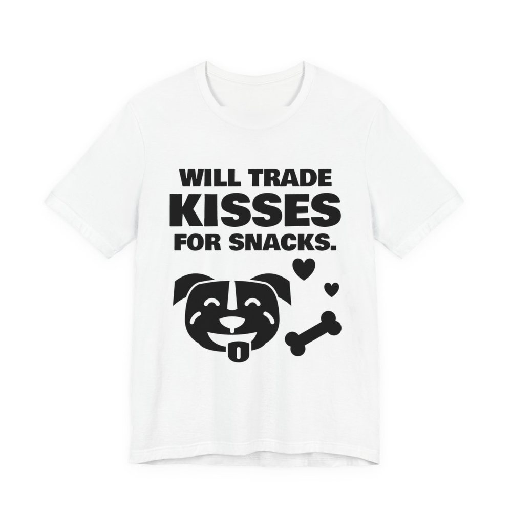 White t-shirt printed in dark ink with a pit bull face with a bone and hearts and the words “Will Trade Kisses for Snacks.”