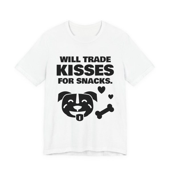 White t-shirt printed in dark ink with a pit bull face with a bone and hearts and the words “Will Trade Kisses for Snacks.”